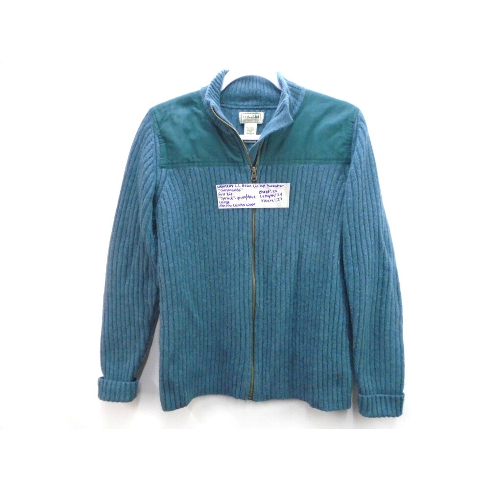 LL Bean Commando Sweater Women Large Full Zip Merino Lambswool Spruce Green Blue